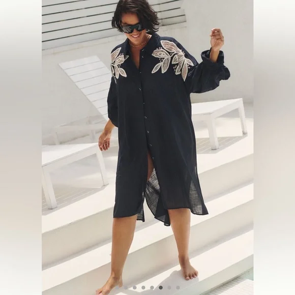 Anthro Embroidered Black Cover Up Dress Cotton Oversized Boho Beach - Picture 1 of 16